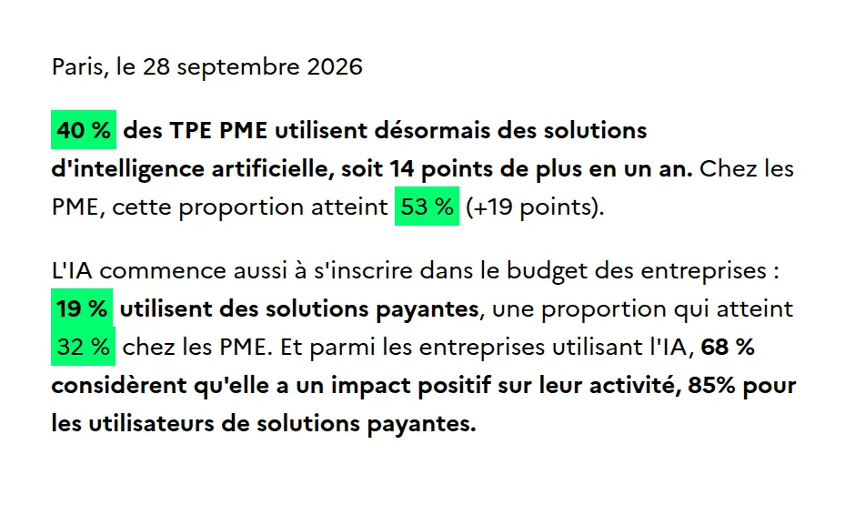 Extrait du communiqué du baromètre France Num 2026 daté du 28 septembre 2026, avec les chiffres 40 %, 53 %, 19 % et 32 % surlignés en vert.